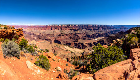 Immense geological wonder showing red and orange canyon walls under a bright, sunny desert skyの素材