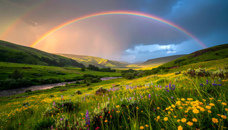 Rainbow over a meadow with wildflowers and mountains in the backgroundの素材