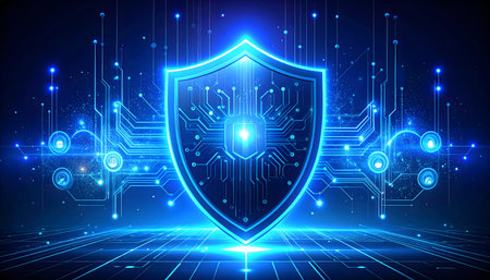 Cyber security concept. Protect shield with circuit board. Vector illustrationの素材