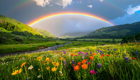 Expansive valley after a rainstorm, featuring a bright rainbow arching across a dramatic sky over a river and wildflowersの素材