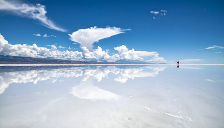 Surreal salt desert reflection of white clouds and blue sky, with a solitary figure on the horizonの素材