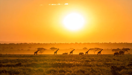 Elephant family and giraffe walking across the vast, misty savanna grass under an orange sunsetの素材