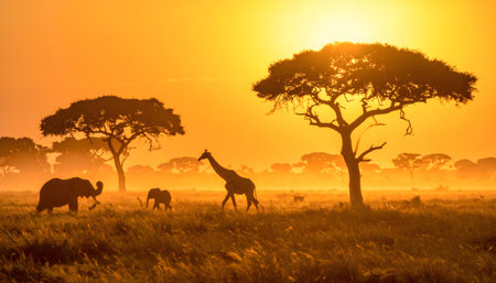 savanna sunset with silhouettes of elephants, a giraffe, and acacia trees against a golden sky.の素材