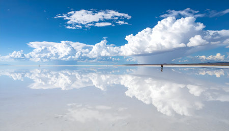 Expansive salt flat under a clear blue sky, creating a perfect mirror reflection of the clouds and horizonの素材