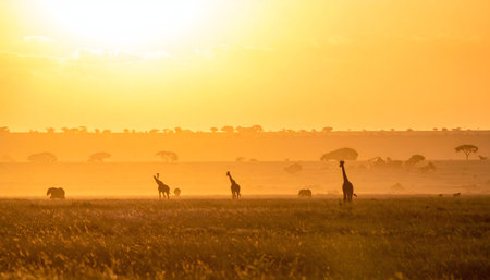 landscape bathed in sunset gold, showing wild animals and scattered acacia treesの素材