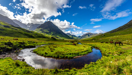 Vibrant green highland valley with a flowing river, surrounded by rugged peaks and grazing horsesの素材