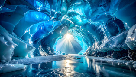 Inside a shimmering ice cave with walls glowing in vivid shades of blue and white from the glacier.の素材