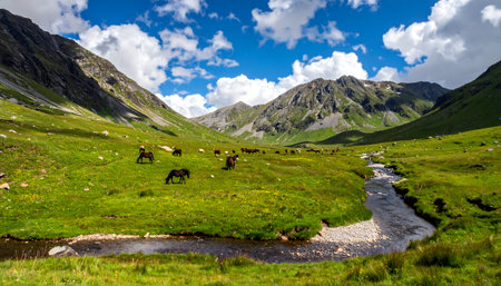 Wild horses grazing in a lush, grassy valley beneath dramatic rocky mountains and a cloudy skyの素材