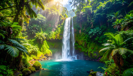 Lush jungle waterfall surrounded by ferns and palms, illuminated by a brilliant sunburst overheadの素材