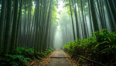 Tall green bamboo stalks lining a pathway through a mystical forest shrouded in dense morning fogの素材