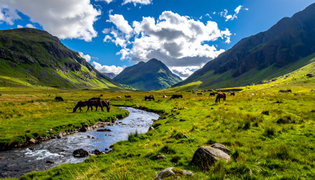 Idyllic mountain valley landscape with a stream reflecting the clouds and a herd of wild horsesの素材