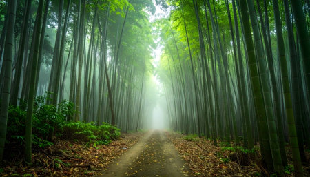 Mystical bamboo grove with a central path, the tall, slender stalks reaching into a misty lightの素材