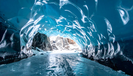 Deep blue ice cave formed within a glacier, showing textured, sculpted walls and an icy floor.の素材