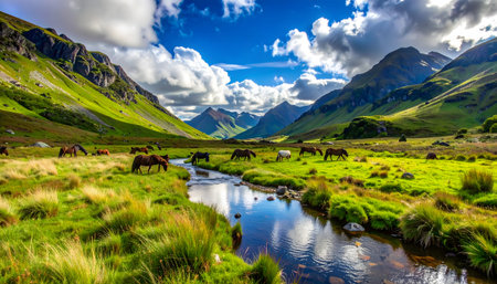 Rocky peaks towering over a lush, green pasture where horses roam freely by a clear riverの素材