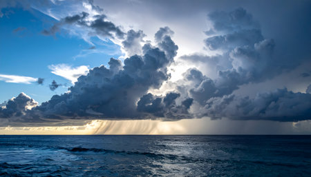 Heavy tropical rainstorm over an open sea with massive cumulonimbus clouds and visible lightning strikesの素材