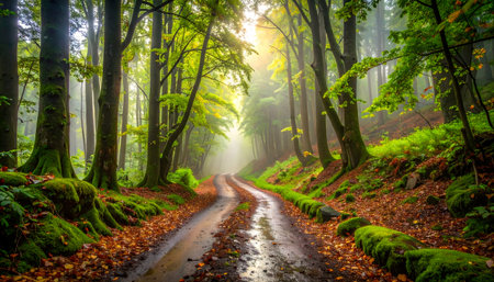 Morning in the forest with fog and sunbeams. Beautiful autumn landscapeの素材