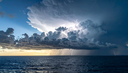 Rain in the sea. Dramatic sky with rain clouds and rainbowの素材