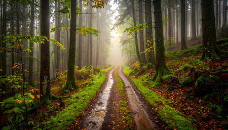 Winding dirt path through a dense, mossy deciduous forest after a rain, with misty morning lightの素材