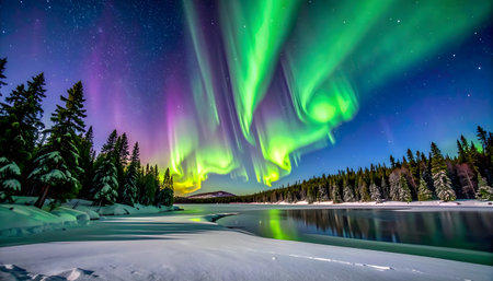 Northern lights in the night sky over the lake in the winter.の素材