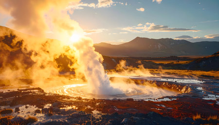 Intense geothermal activity with a large geyser erupting, highlighted by the warm glow of the setting sunの素材