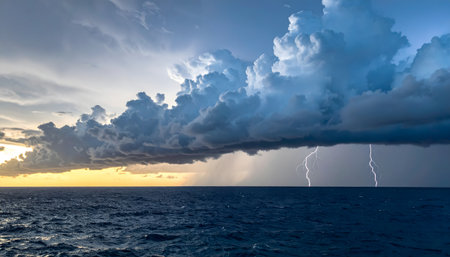 Thunderstorm over the sea at sunset. Panoramic view.の素材