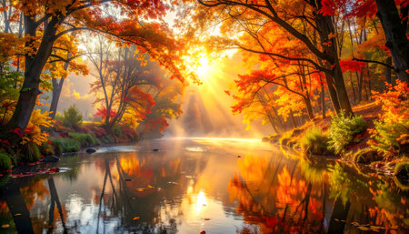 Autumn landscape of colorful forest and lake with fog in the morningの素材