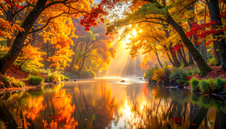 Sun rays breaking through vivid autumn trees over a misty, reflective forest riverの素材
