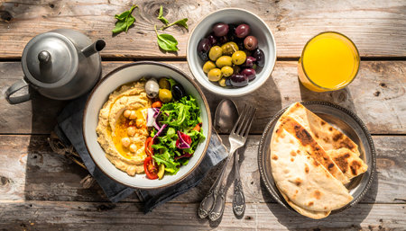 Flat lay food photography of an appetizing spread of homemade Mediterranean dishes, including dipping hummus and vibrant greens in natural lightの素材
