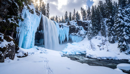 A stunning natural ice sculpture of a frozen waterfall with sunlight filtering through a snowy forest on a cold winter dayの素材