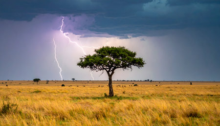 Atmospheric shot of a wide-open savanna during a dramatic storm, showcasing the contrast between the dark sky and the sunlit fieldの素材