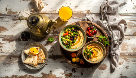Rustic dining setting with a sun-drenched selection of fresh, plant-based Mediterranean food and traditional metal tea service on a white wood tableの素材