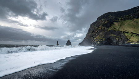 Wide shot of a dramatic volcanic coastline with jet-black sand and powerful white ocean waves crashing under a dark, cloudy skyの素材