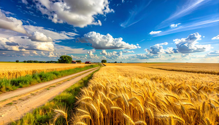 Vast countryside landscape of a golden wheat field swaying in a summer breeze under a brilliant blue sky with fluffy white cloudsの素材
