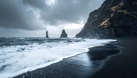 black sand beach landscape featuring columnar basalt cliffs and the sea stacks in the rough, moody Atlantic Oceanの素材