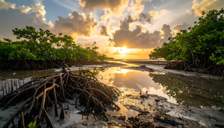 Sunlight streaming through the canopy of a coastal mangrove swamp, reflecting in the small pools of water on the exposed tidal flatsの素材