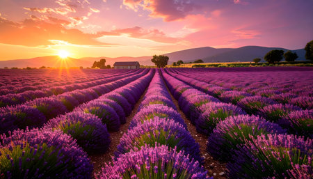 Romantic and aromatic landscape of a flower field under an orange and magenta sky, capturing the essence of a summer evening in the countrysideの素材