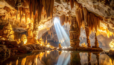 Underground wonder: limestone cave illuminated by natural light, showing dramatic geological formationsの素材