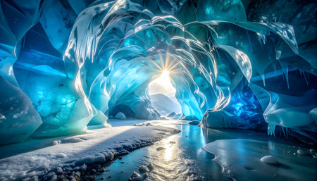 Crystal blue glacier cave with an icy path leading out to the light of the snowy exterior.の素材