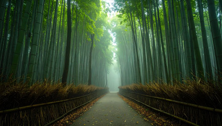 bamboo forest with a path winding into dense fog and towering green stalksの素材