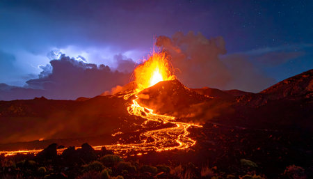 Explosive volcanic eruption under a starry night sky, showing a huge plume of smoke and molten orange lava streams on the mountainsideの素材