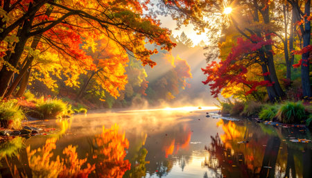 Autumn landscape with foggy lake and colorful trees at sunset.の素材