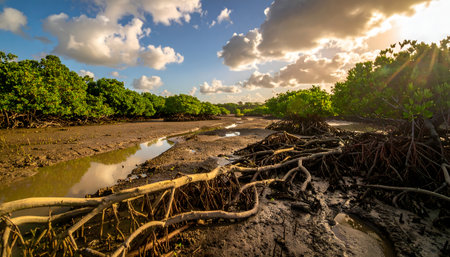 Tropical low tide landscape of a mangrove tree in golden sunlight, highlighting the resilience and complexity of the coastal root systemの素材