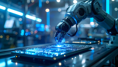Automation and precision: a close-up of an industrial robot assembling an advanced computer chip with blue light.の素材