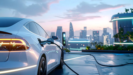 A sleek EV plugs in at a charging station with a modern skyline backdrop, representing the future of transport.の素材