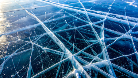 Abstract close-up of a frozen lake surface revealing intricate, bright blue and white natural crack patterns.の素材