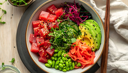 Gourmet poke bowl with colorful, fresh ingredients like raw fish and healthy vegetables.の素材