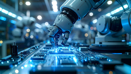 Artificial intelligence in manufacturing: a robotic arm performs a complex, high-precision task on electronics.の素材