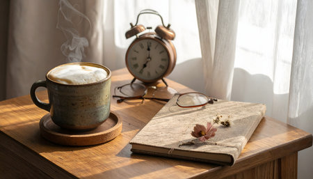 Cozy morning ritual: steaming coffee, old book, vintage alarm clock, and reading glasses on a rustic wooden table.の素材