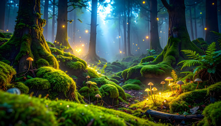 Conceptual art of a fairytale woods sunlit fog, luminous mushrooms, and large moss-covered trees and roots.の素材