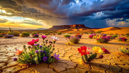 Vibrant wildflowers bloom on cracked golden desert earth after rain, illuminated by dramatic sun raysの素材